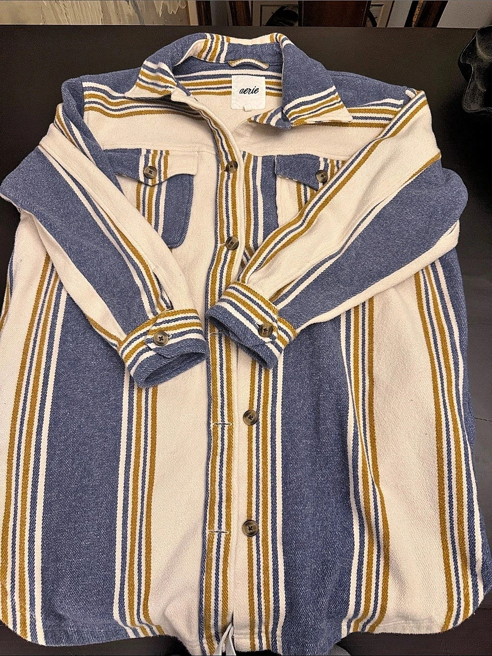 Aerie Striped Button-Down Shirt Jacket Blue & Cream Large